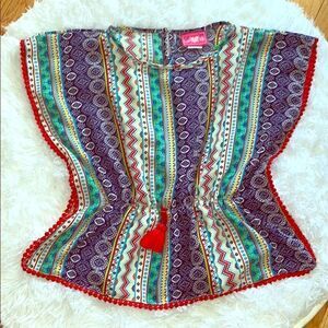 Girls Pink Girl’s Mixed Paisely Print Pom Pom Trim Boho Poncho Blouse Top 14/16